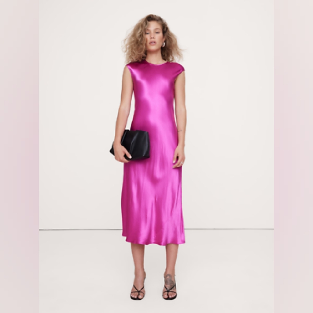 Banana Republic Bias-Cut Satin Midi Dress XSP Magenta Orchid Pink